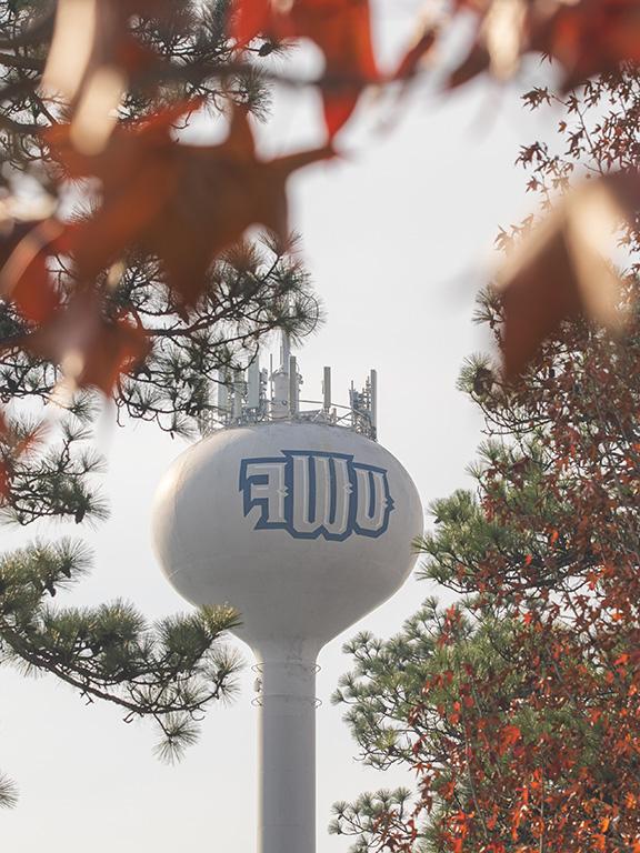UWF water tower with fall color leaves